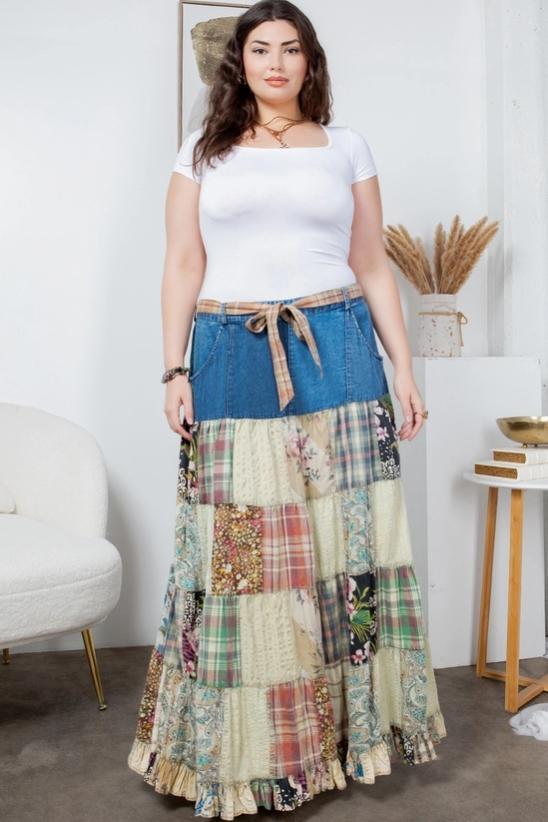 Patchwork Belted Skirt (Denim)
