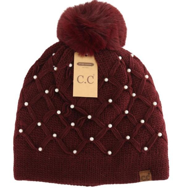 Allover Pearl Crochet C.C Faux Fur Pom Beanie