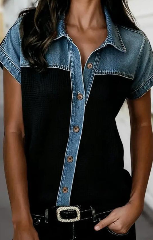Textured Knit Denim Patchwork Collar Shirt