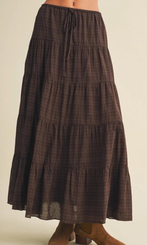 Geometric Woven Tiered Maxi Skirt (Brown)