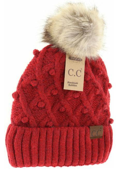 C.C Beanie with Pom & Handmade Bobbles (Fire Red)