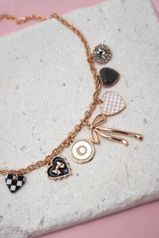 Charm Necklace-Bow Checker Heart Rhinestone