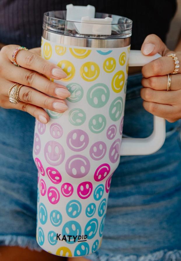 Pastel Happy Face Tumbler Cup with Handle