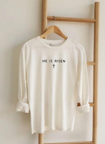 He Is Risen Mineral Washed Long Sleeve Graphic (Cream or Storm)