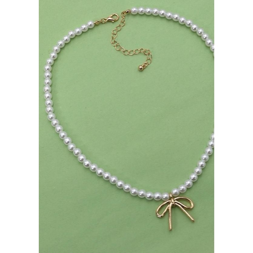 Pearl Chain Bow Charm Necklace