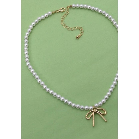 Pearl Chain Bow Charm Necklace