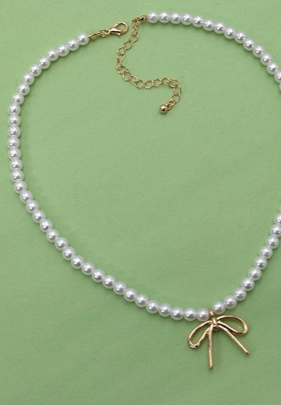 Pearl Chain Bow Charm Necklace