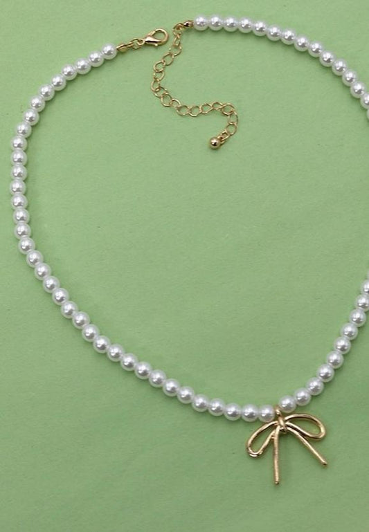 Pearl Chain Bow Charm Necklace