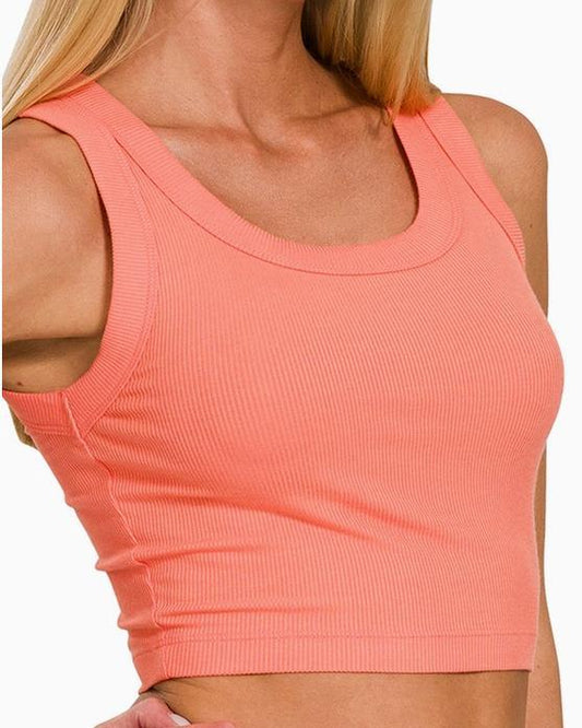 Ribbed Scoop Neck Cropped Tank Top (Coral)