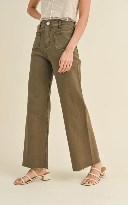 Straight Wide Leg Pants with Front Pocket (Washed Brown)