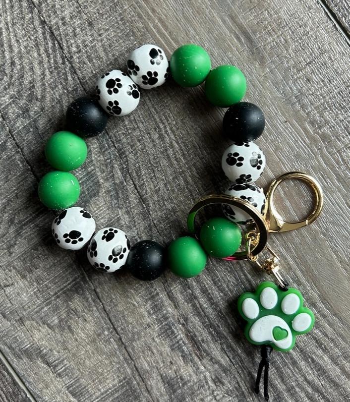 Paw Print Silicone and Wooden Bead Wristlet Keychain