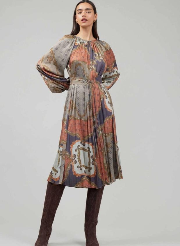 Heritage Chain Scarf Midi Dress (Brown Multi)