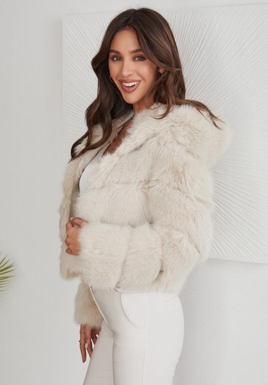 Beige Faux Fur Cropped Hoodie Coat