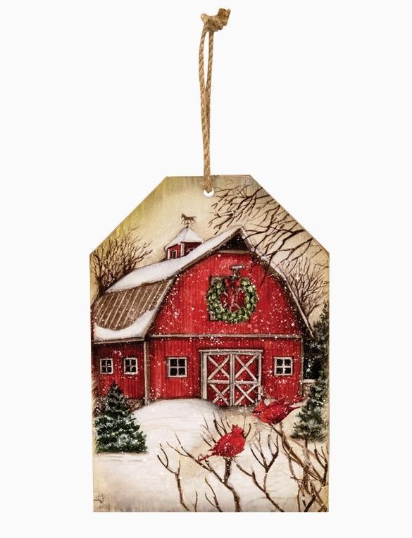 Winter Barn Scene Wooden Tag Ornament