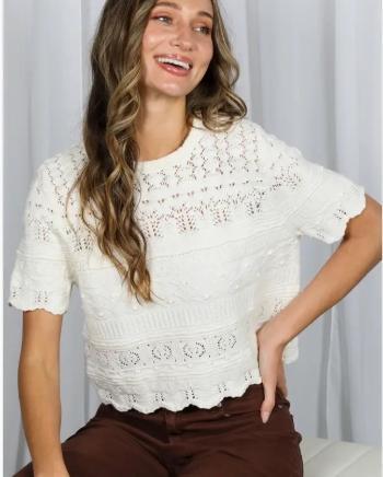 Textured 100% Cotton Crochet Casual Knitted Sweater (Cream)