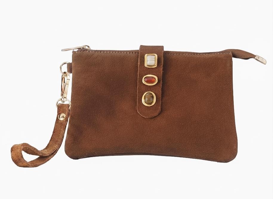 Gemstone Suede Wristlet Pouch (Caramel)