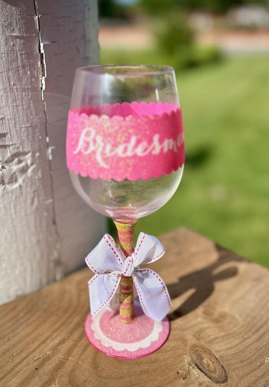 Bridesmaid Wine Glass (Pink Sparkly)