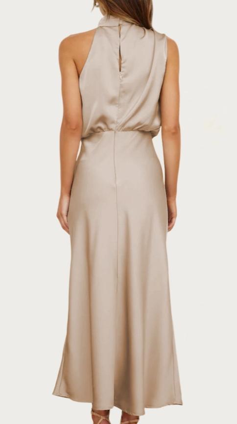 One-Shoulder Halter Formal Midi Dress (Apricot)