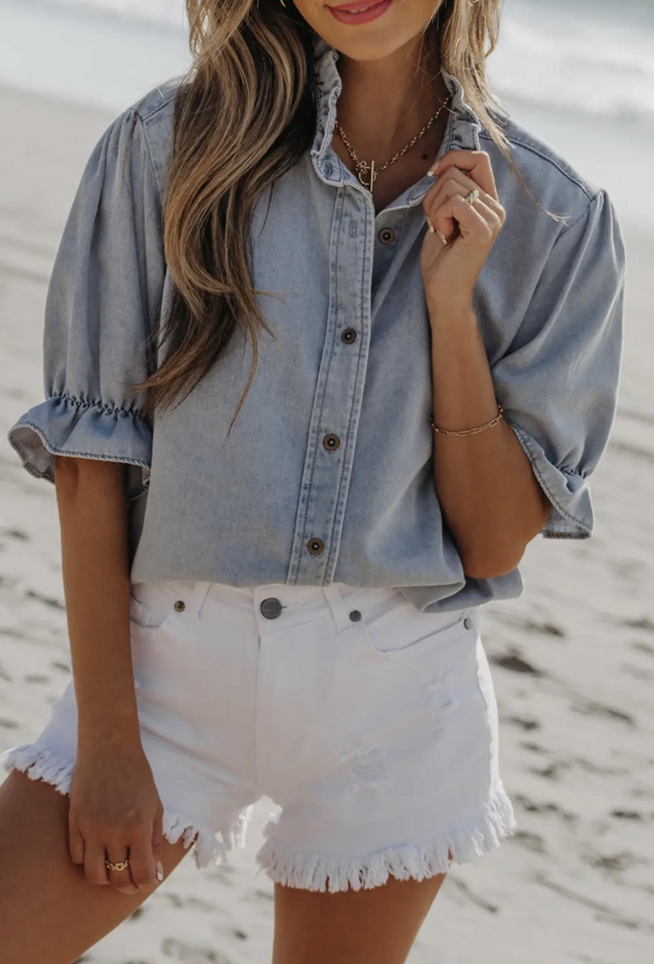 Ruffle Short Puff Sleeve Chambray Denim Shirt