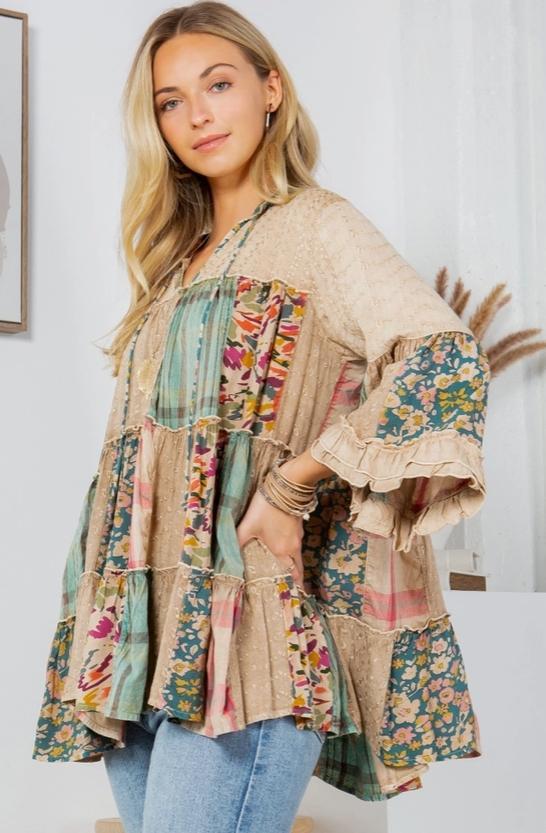 Boho Patchwork Tiered Tunic with Denim Yoke (Latte)