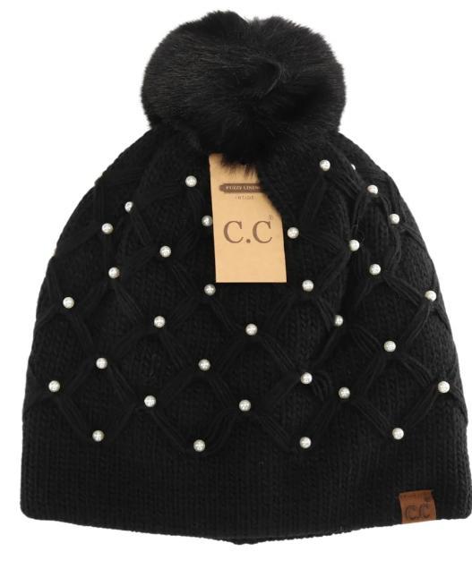 Allover Pearl Crochet C.C Faux Fur Pom Beanie