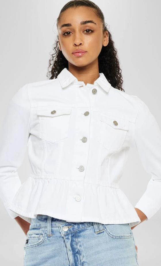 Marilou Peplum Denim Jacket – Button Down Flare Fit (White)