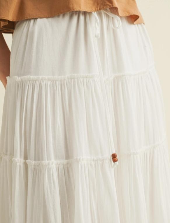 Drawstring Detail Tiered Maxi Skirt (Off White)