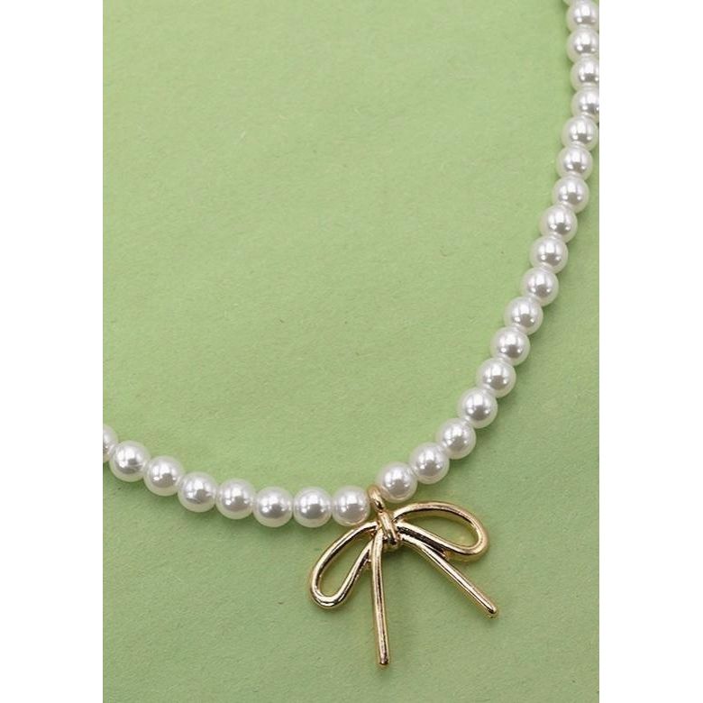 Pearl Chain Bow Charm Necklace