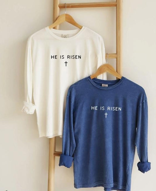 He Is Risen Mineral Washed Long Sleeve Graphic (Cream or Denim Blue)