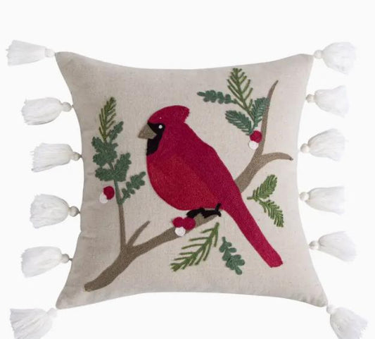 Joy Birds Cardinal Embroidered Tassel Pillow