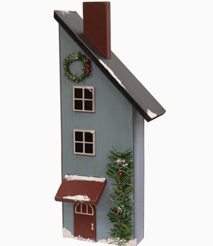 Wooden Snowy Blue Slant Roof Saltbox House - 14.25"H