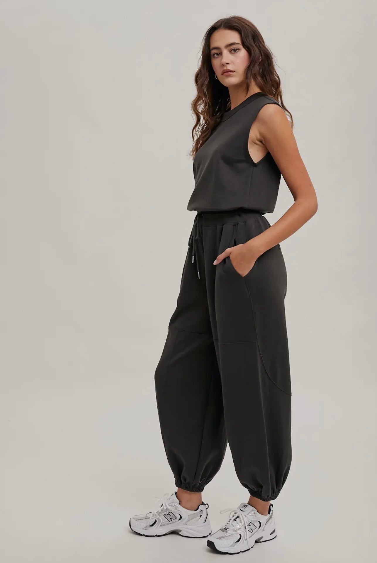 Drawstring Waist Sleeveless Knit Active Jumpsuit (Ash)