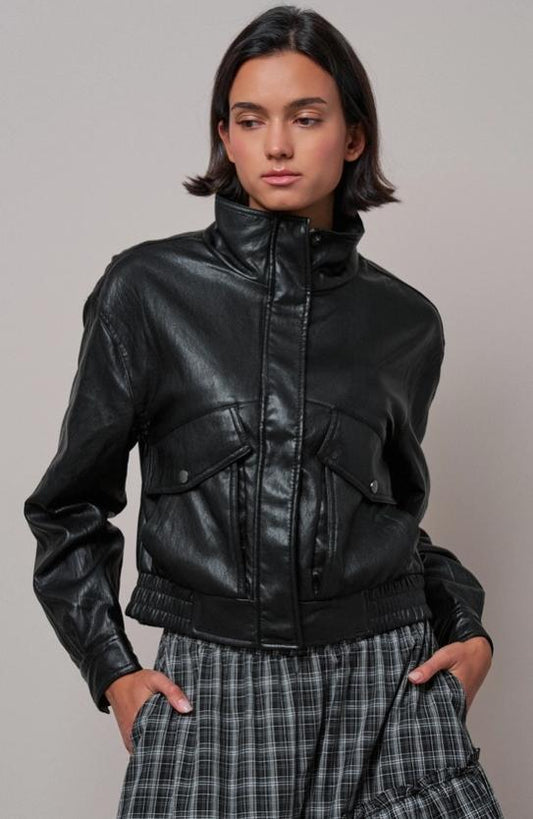 Faux Leather Bomber Jacket with Cargo Pockets (Black)