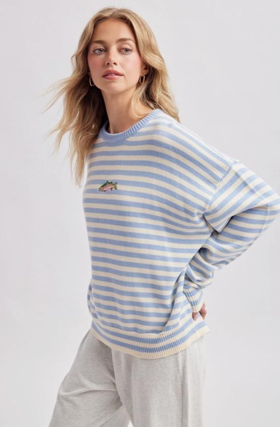 Striped Fish Coastal Graphic Crew Neck Sweater