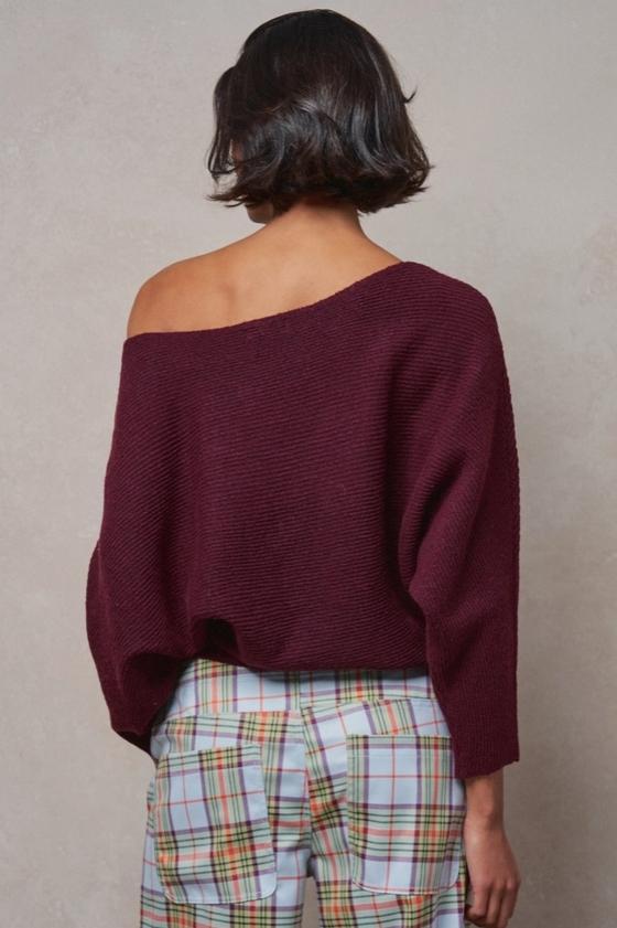 Dolman Sleeve Boat Neck Knit Sweater (Burgundy)