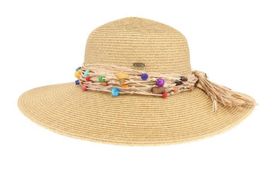 Colorful Bead Trim Wide Brim Sun Hat