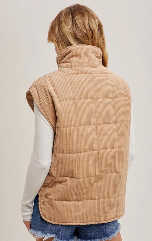 Corduroy Quilted Puffer Vest (Latte)