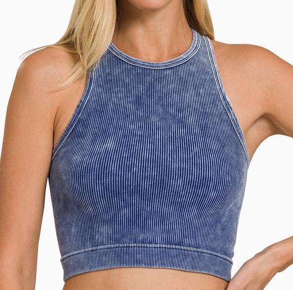 High-Neck Racerback Washed Ribbed Crop Tank (Light Navy)
