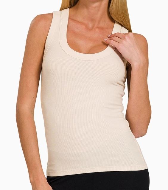 Rayon Spandex Ribbed Scoop Neck Tank Top (Sand Beige)