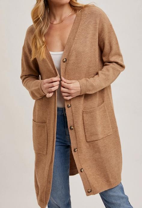 Button Down V-Neck Long Line Knit Cardigan (Latte)