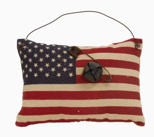 Stuffed Primitive American Flag Ornament W/Rusty Bell