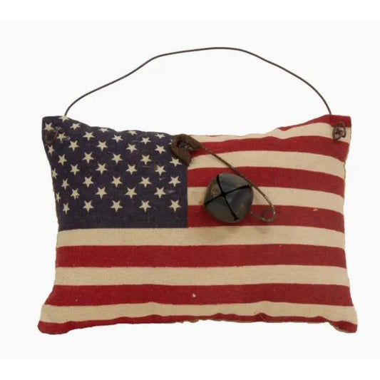 Stuffed Primitive American Flag Ornament W/Rusty Bell