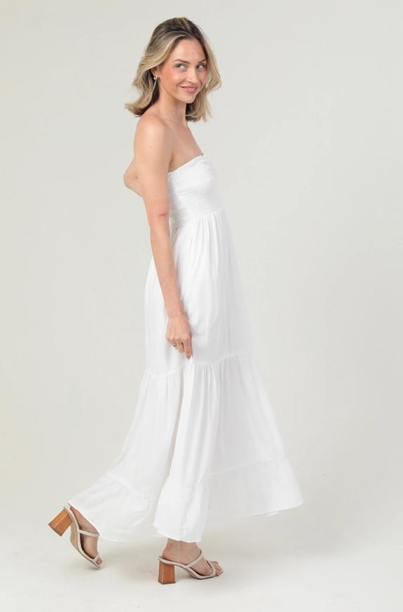 Smocked Sweetheart Bodice Strapless Maxi Dress (White)