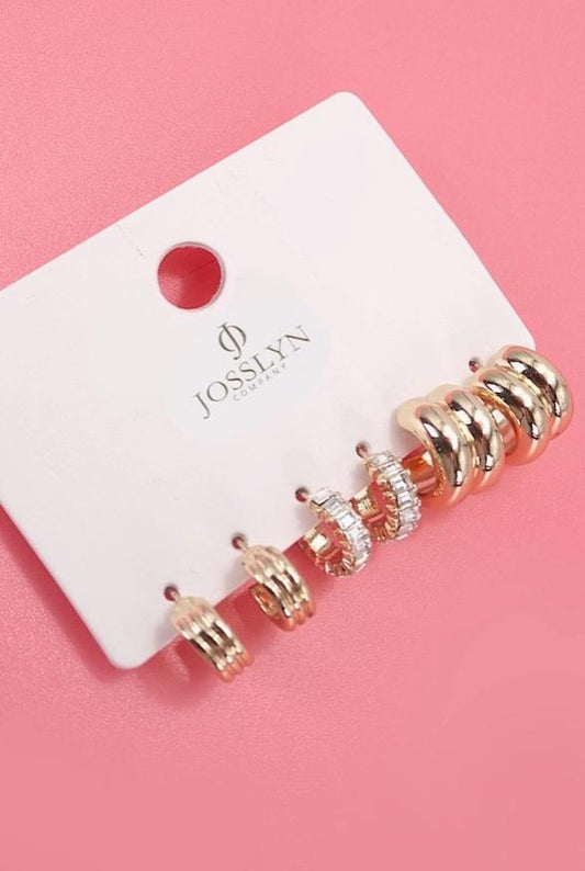 Baguette Stone Double Hoop Huggie Trio Earrings