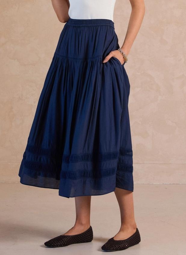 Tiered A-Line Midi Skirt (Navy)