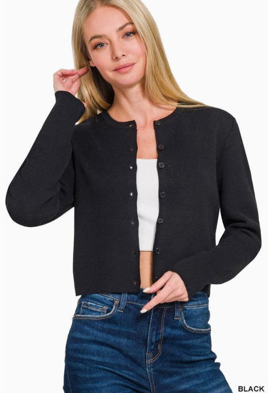 7 Button Crewneck Long Sleeve Cardigan (Black)