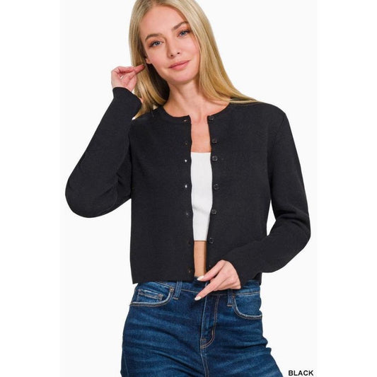 7 Button Crewneck Long Sleeve Cardigan (Black)