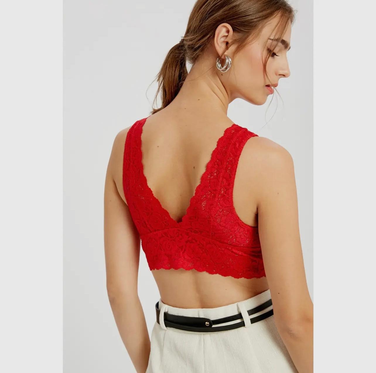 Scalloped Lace V Neck Padded Bralette (Red)