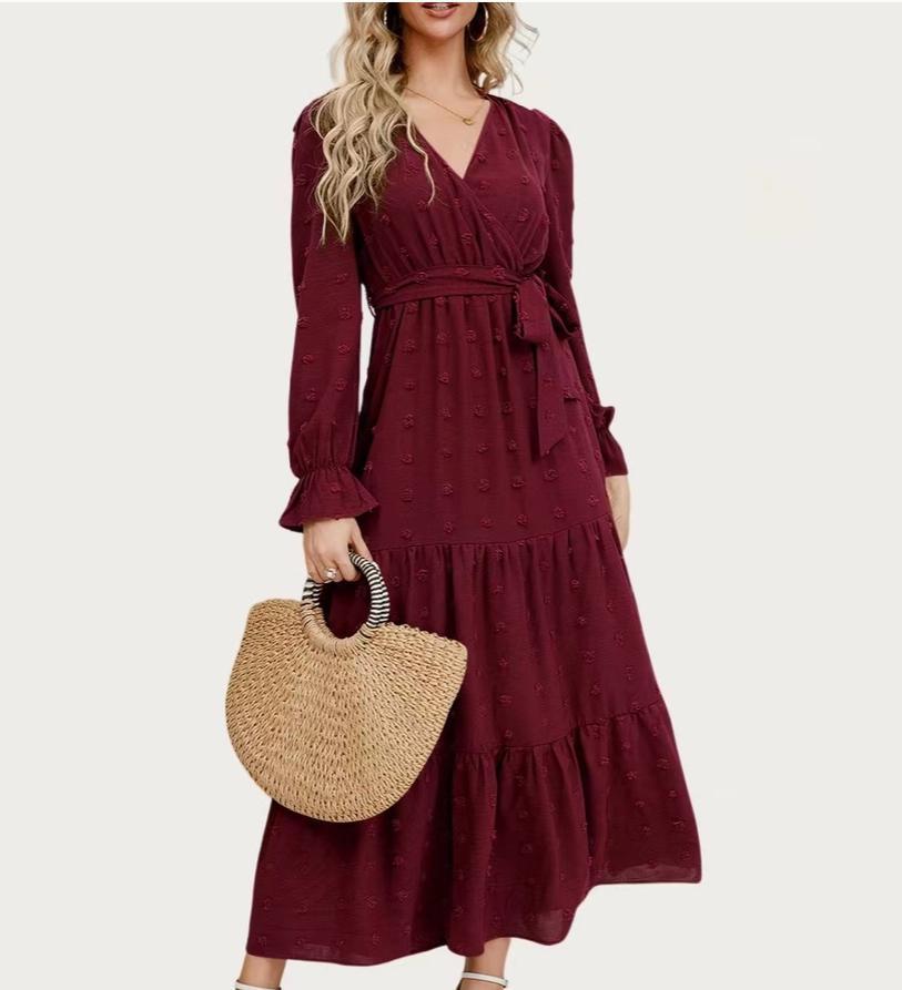 Classic Swiss Dot Surplice Neck Long Sleeve Maxi Dress (Burgundy)