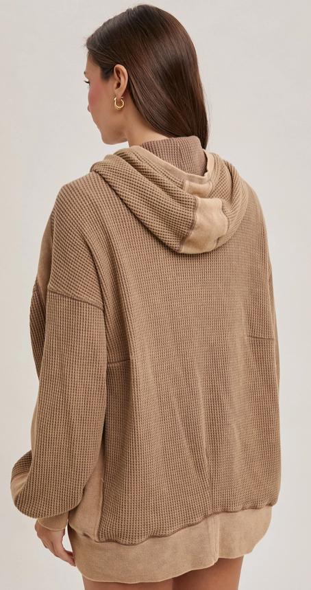 Thermal Waffle Knit Zipper Front Hooded Jacket (Latte)